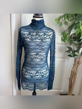Estam Victorian Sheer Lace Mock Neck Top Teal Blue Sz L